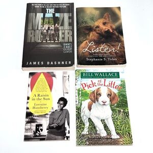 Set of 4 Books: Maze Runner, Listen!, A Raisin in the Sun, Pick of the Litter